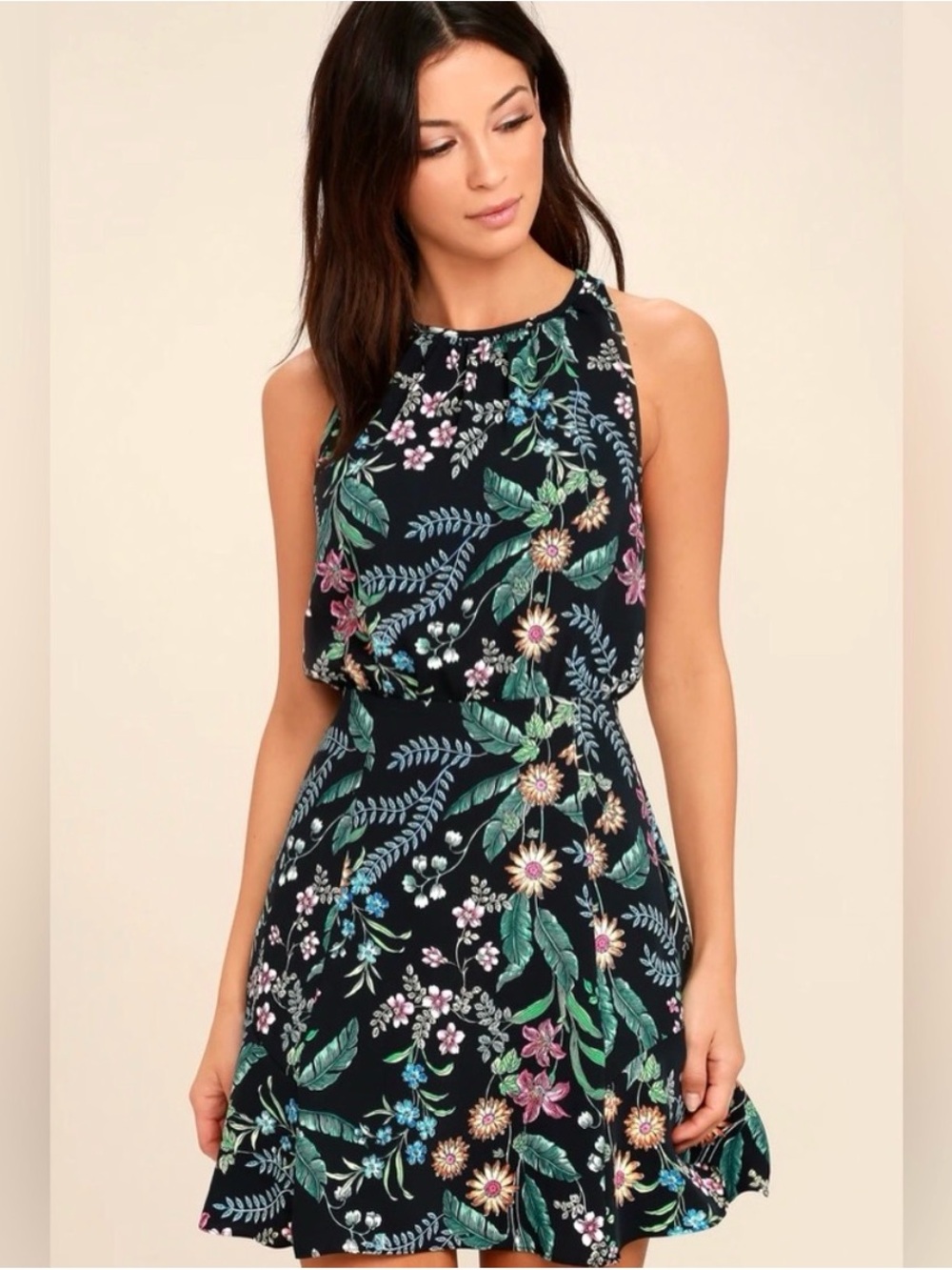 Lulu’s Take Me Oasis Floral Black Floral Summer Dress Size XS